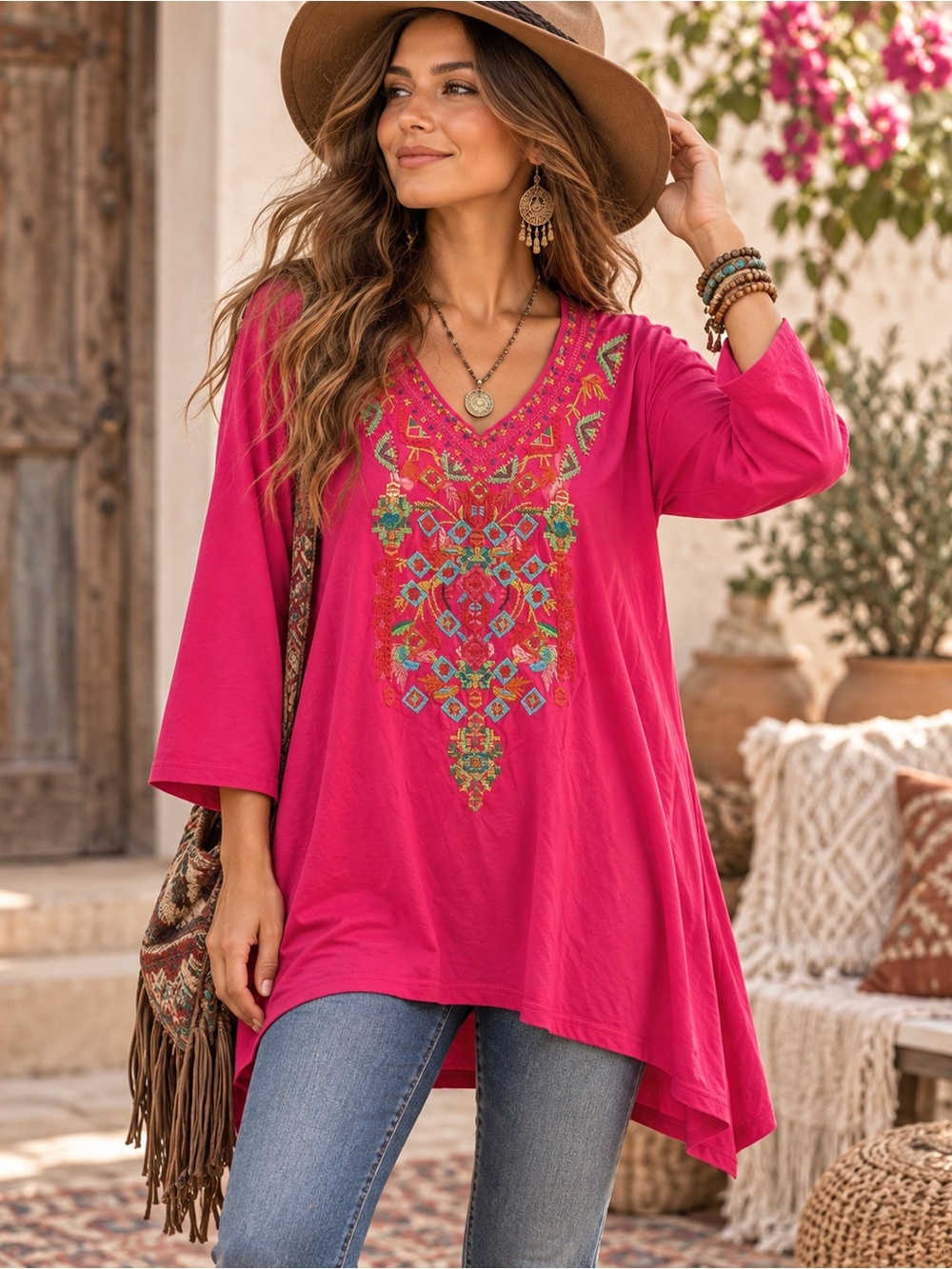 Calessa Women’s XL Pink Embroidered Boho Tunic Top V-Neck 3/4 Sleeve